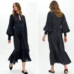 Tuckernuck Balloon Sleeve Cotton Black + Gold Dot Long Maxi Dress Size XL